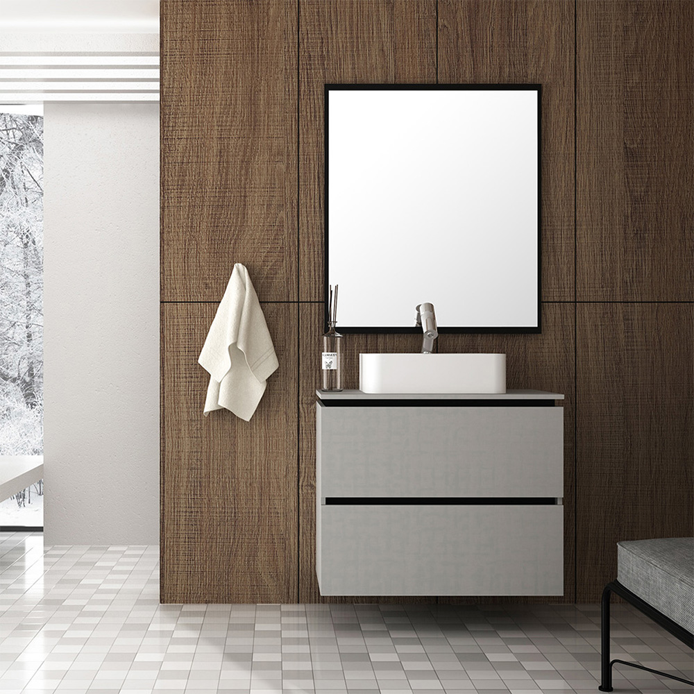 Conjunto Banheiro Gabinete 80cm 3 Gavetas Cuba E Espelho Urban B06 Branco Argento Preto - Lyam Decor