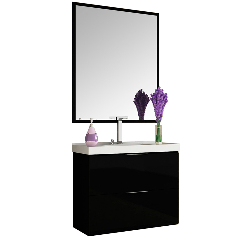 Conjunto Banheiro Gabinete 80cm Com Lavatório E Espelho Pietra B06 Preto Brilho - Lyam Decor
