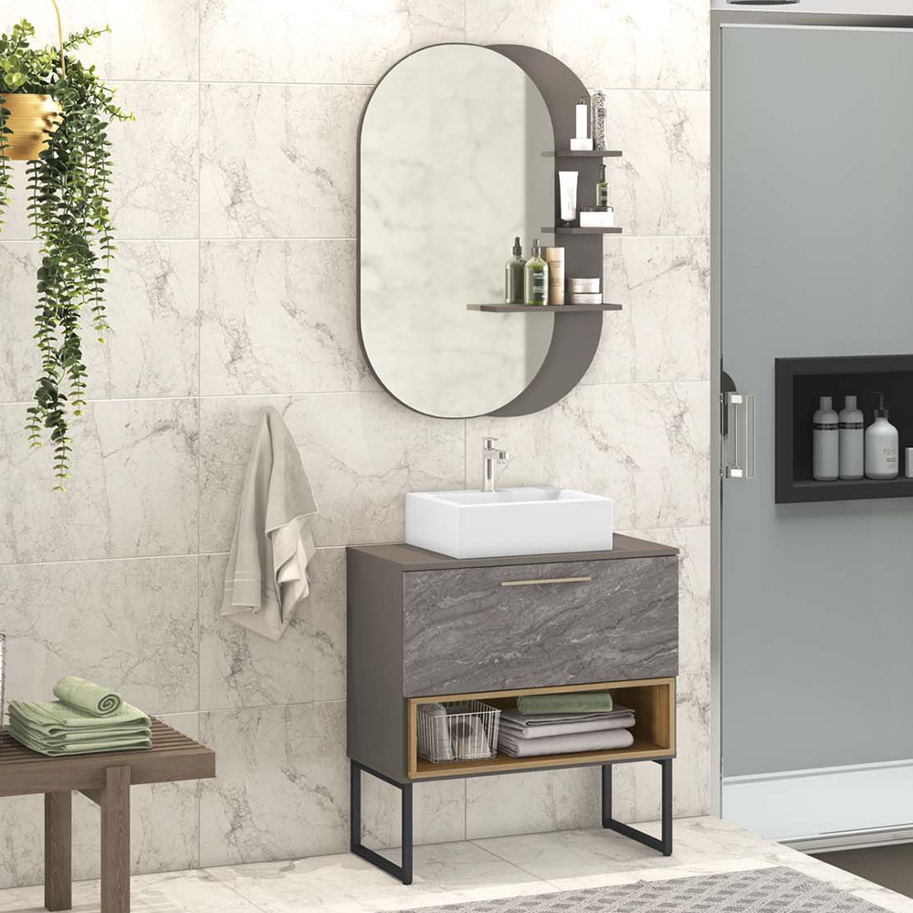 Conjunto Banheiro Gabinete 80cm Com Pés Cuba E Espelho Vicenza B06 Branco Magneto Nogal - Lyam Decor