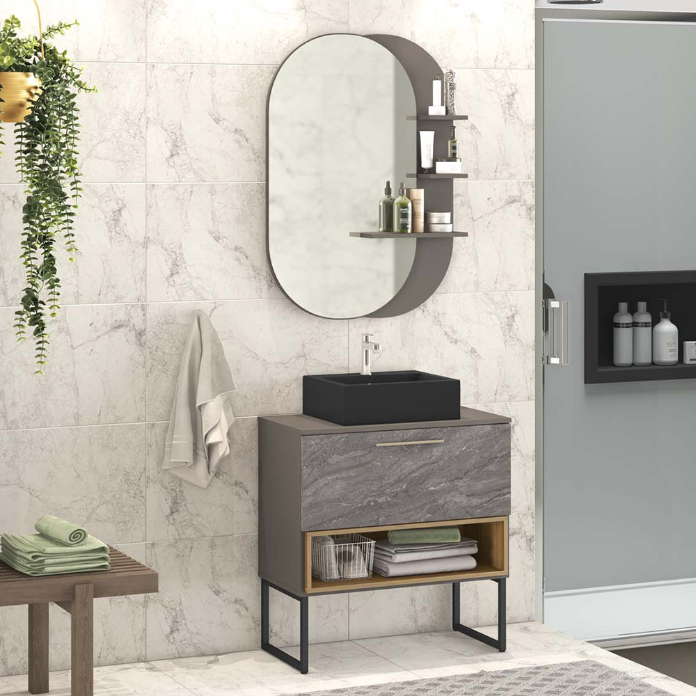 Conjunto Banheiro Gabinete 80cm Com Pés Cuba E Espelho Vicenza B06 Preto Magneto Nogal - Lyam Decor