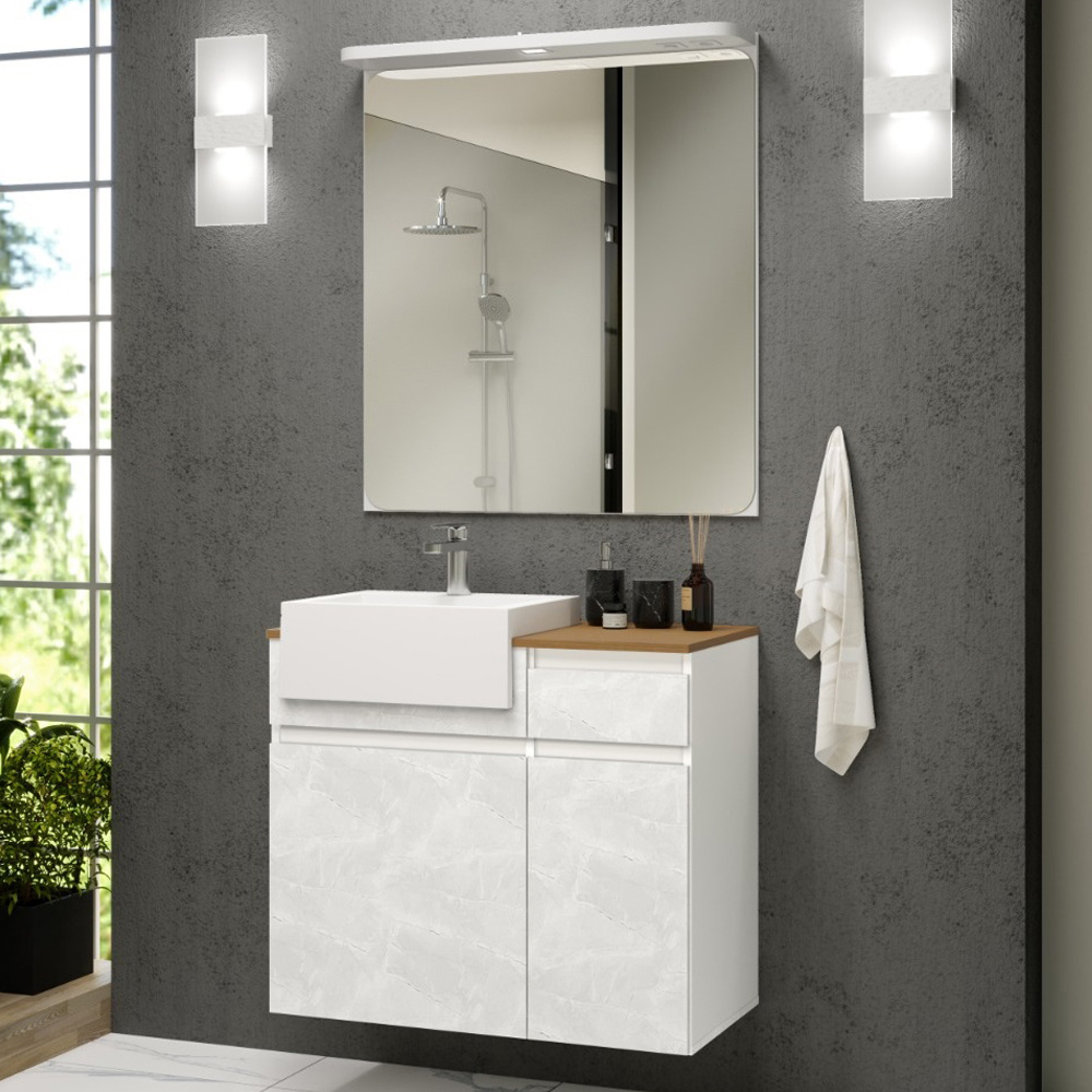 Conjunto Banheiro Gabinete Com Cuba e Espelheira Moira B06 Branco Cristal Noce Amêndoa - Lyam Decor