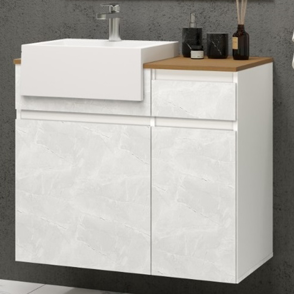 Conjunto Banheiro Gabinete Com Cuba e Espelheira Moira B06 Branco Cristal Noce Amêndoa - Lyam Decor