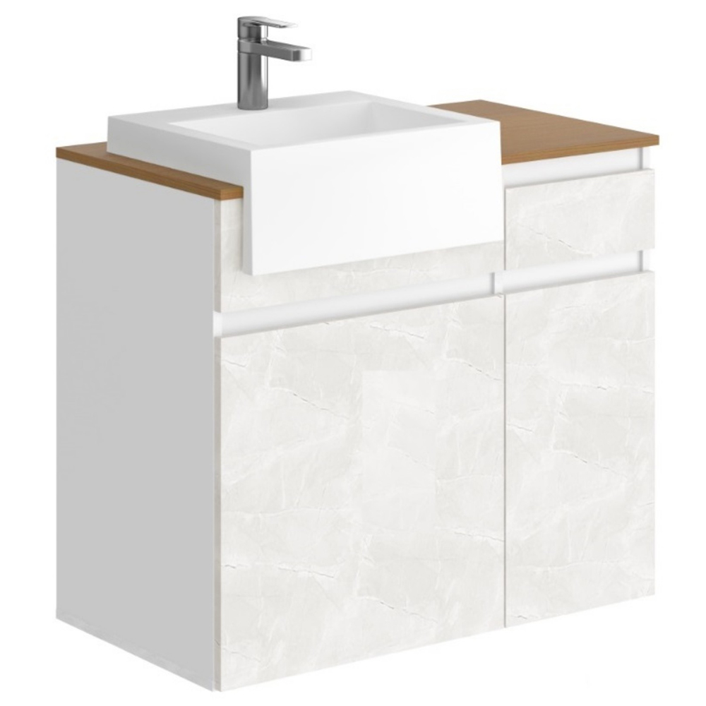 Conjunto Banheiro Gabinete Com Cuba e Espelheira Moira B06 Branco Cristal Noce Amêndoa - Lyam Decor