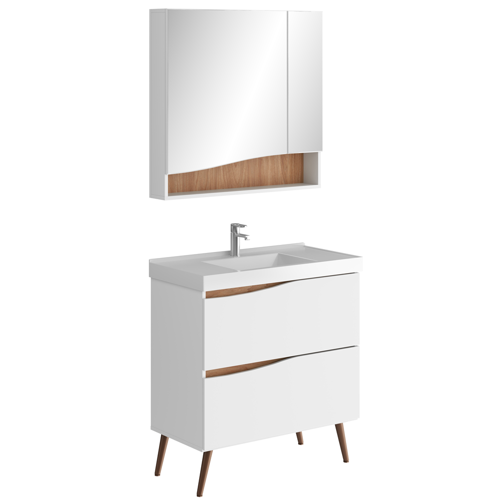 Conjunto Banheiro Gabinete Com Pés Lavatório 80cm e Armário Evie B06 Branco Tau - Lyam Decor