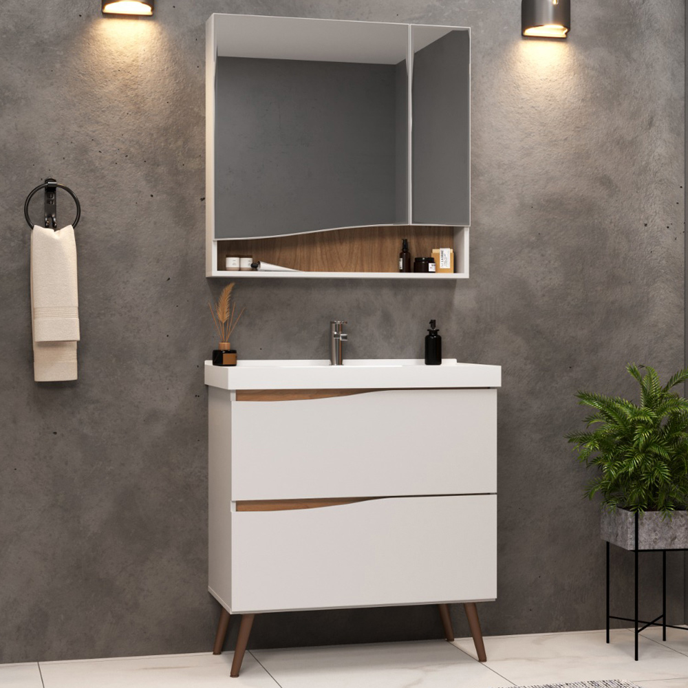 Conjunto Banheiro Gabinete Com Pés Lavatório 80cm e Armário Evie B06 Branco Tau - Lyam Decor