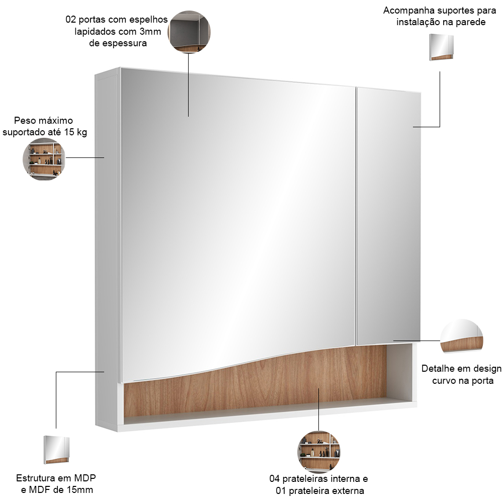 Conjunto Banheiro Gabinete Com Pés Lavatório 80cm e Armário Evie B06 Branco Tau - Lyam Decor
