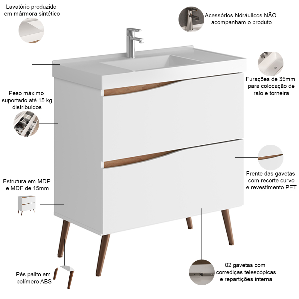 Conjunto Banheiro Gabinete Com Pés Lavatório 80cm e Armário Evie B06 Branco Tau - Lyam Decor