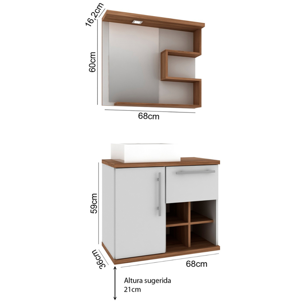 Conjunto Banheiro Gabinete Suspenso 70cm Com Armário E Cuba Veneza B06 Branco Nogal - Lyam Decor