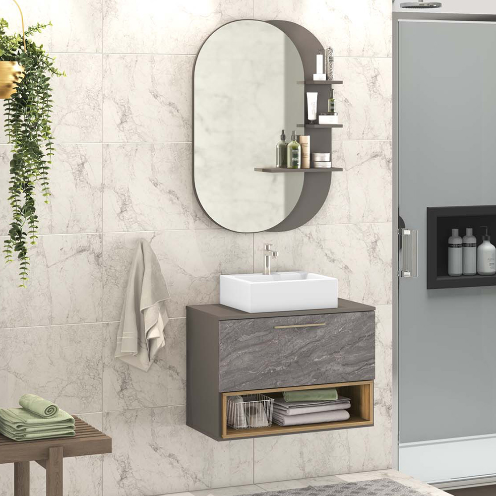 Conjunto Banheiro Gabinete Suspenso Com Cuba E Espelho Vicenza B06 Branco Magneto Nogal - Lyam Decor