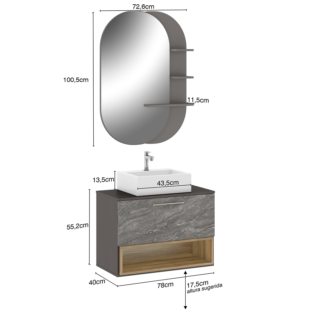 Conjunto Banheiro Gabinete Suspenso Com Cuba E Espelho Vicenza B06 Branco Magneto Nogal - Lyam Decor