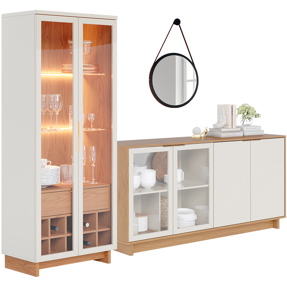Conjunto Buffet Áustria Espelho Adnet Preto e Cristaleira Malibu C04 Freijó Off White - Lyam Decor