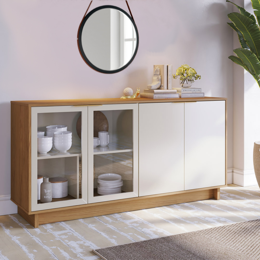 Conjunto Buffet Áustria Espelho Adnet Preto e Cristaleira Malibu C04 Freijó Off White - Lyam Decor