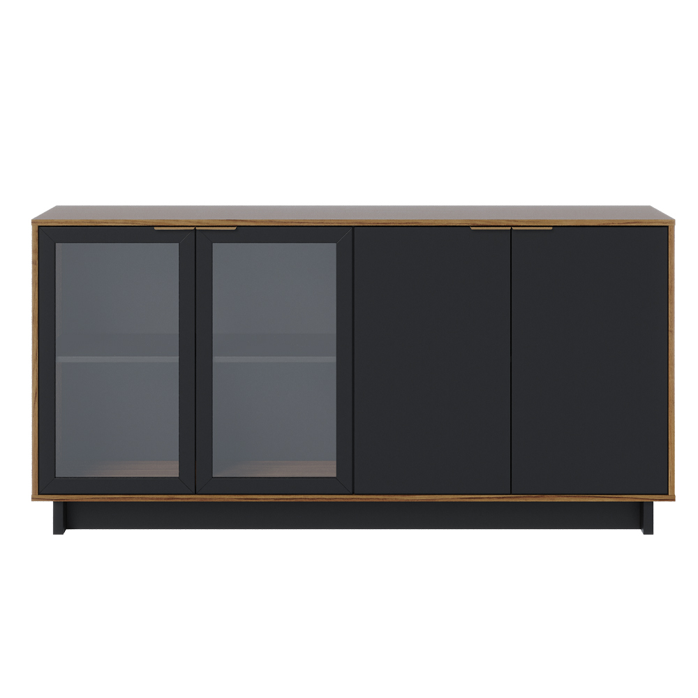 Conjunto Buffet Áustria Espelho Adnet Preto e Cristaleira Malibu C04 Preto Noce Milano - Lyam Decor