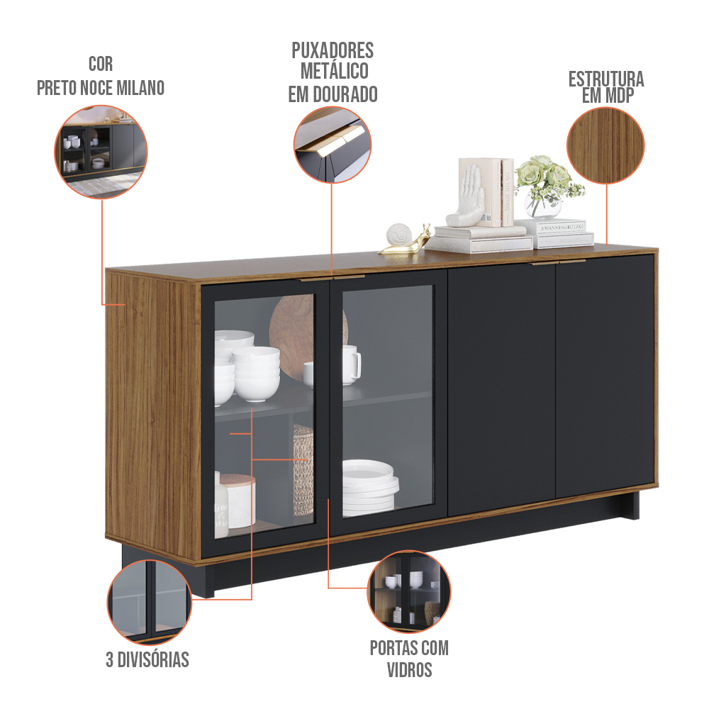 Conjunto Buffet Áustria Espelho Adnet Preto e Cristaleira Malibu C04 Preto Noce Milano - Lyam Decor