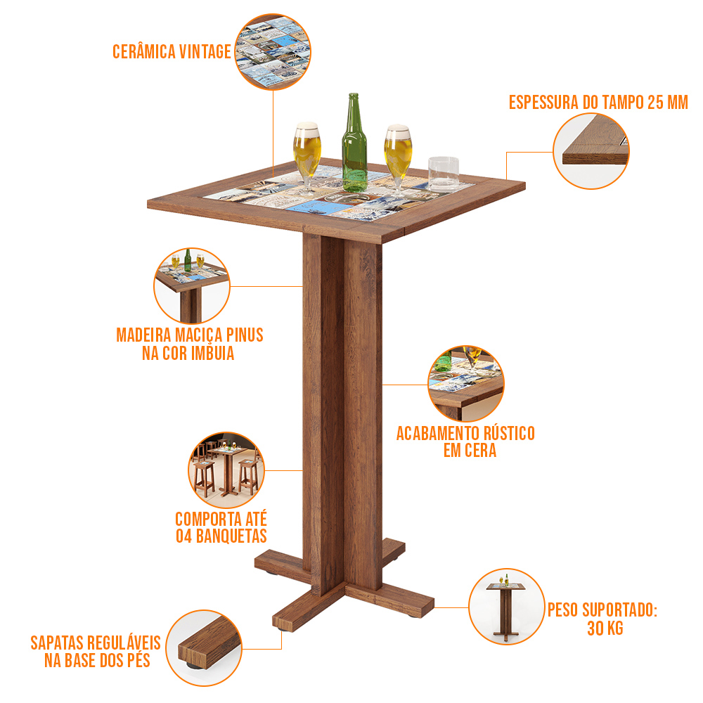 Conjunto De Mesa Bistrô Com 02 Banquetas Madeira Maciça e Cerâmica Vintage W02 Imbuia - Lyam Decor