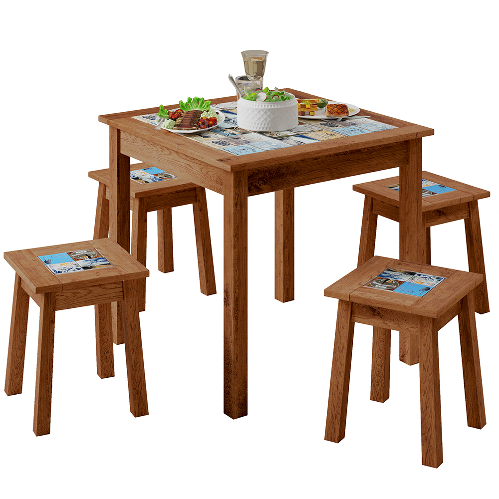 Conjunto De Mesa Com 04 Banquetas Madeira Maciça Pinus Com Cerâmica Vintage W02 Imbuia - Lyam Decor