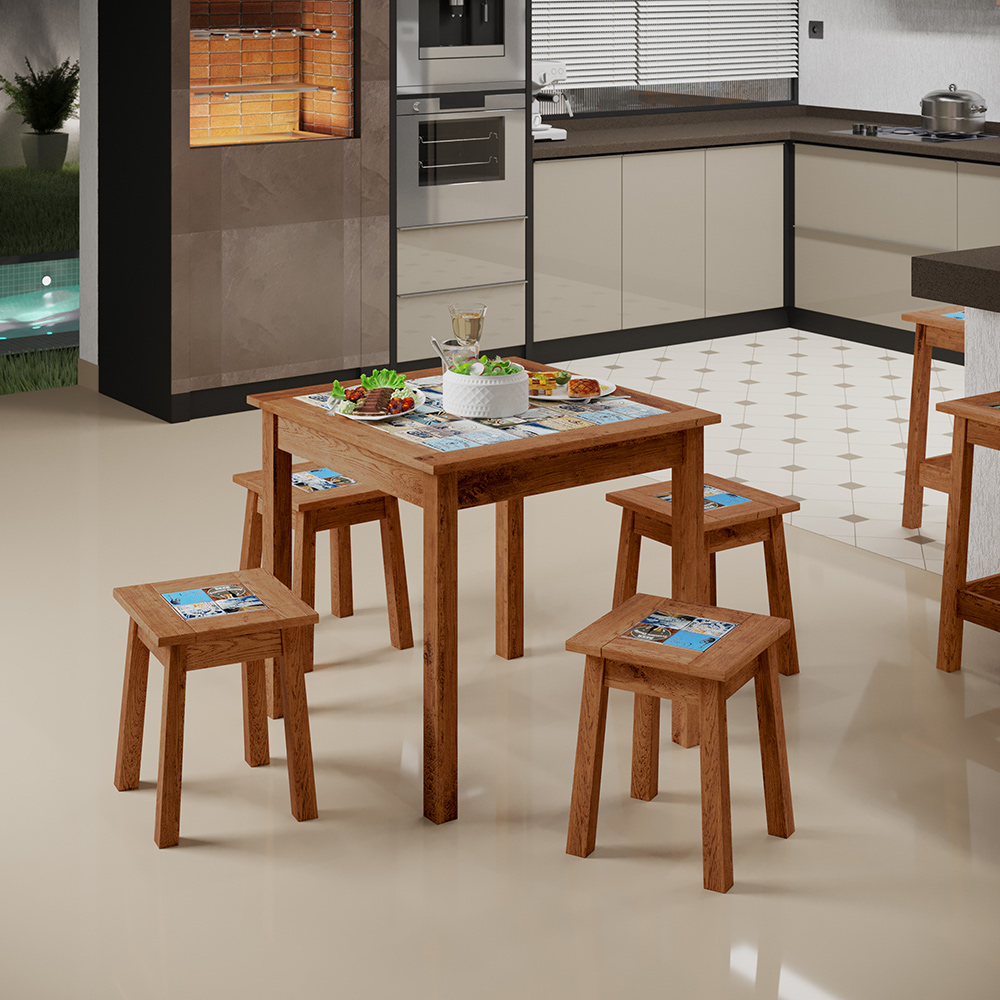 Conjunto De Mesa Com 04 Banquetas Madeira Maciça Pinus Com Cerâmica Vintage W02 Imbuia - Lyam Decor