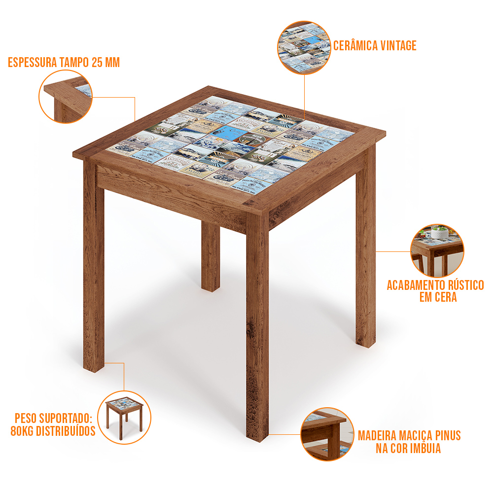Conjunto De Mesa Com 04 Banquetas Madeira Maciça Pinus Com Cerâmica Vintage W02 Imbuia - Lyam Decor