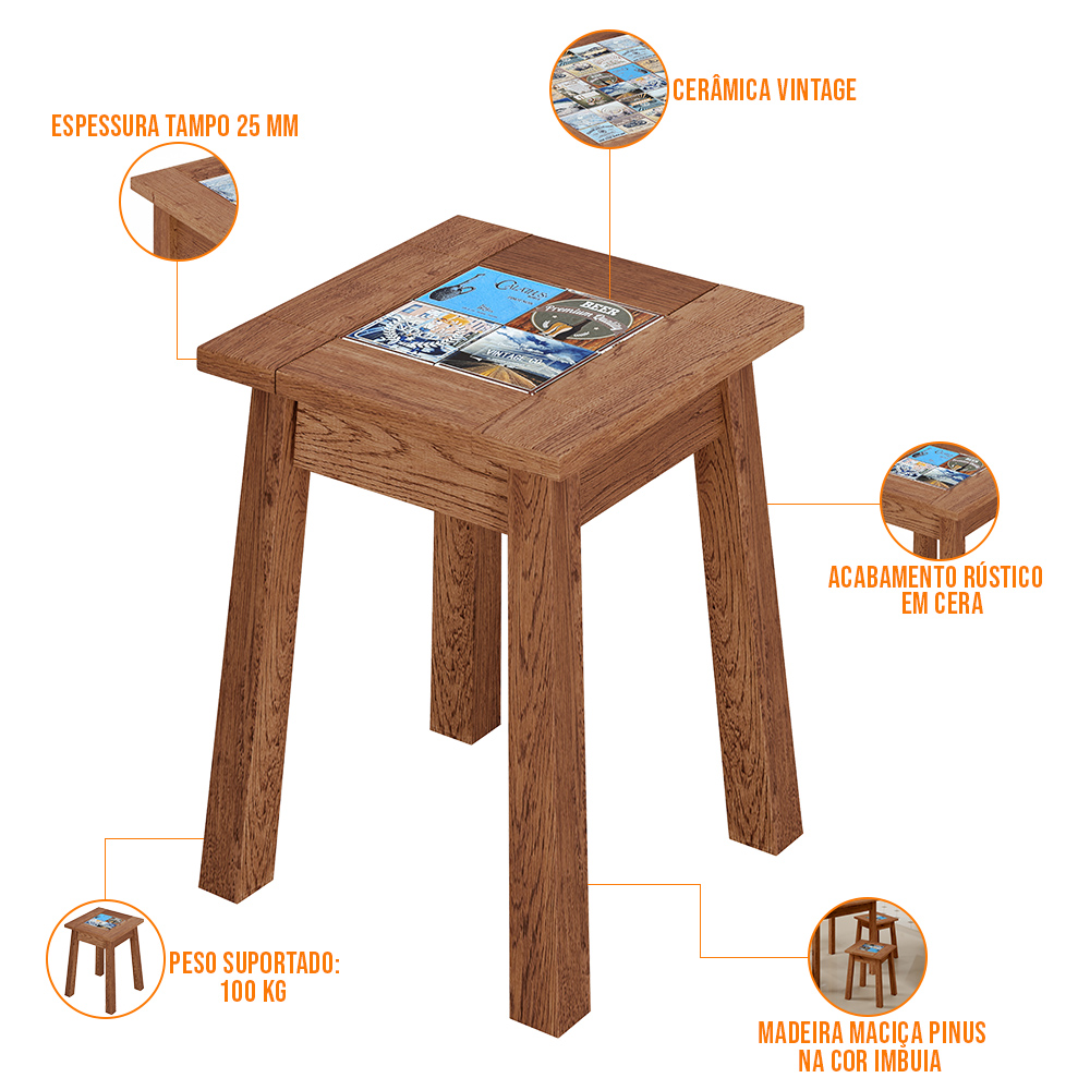 Conjunto De Mesa Com 04 Banquetas Madeira Maciça Pinus Com Cerâmica Vintage W02 Imbuia - Lyam Decor