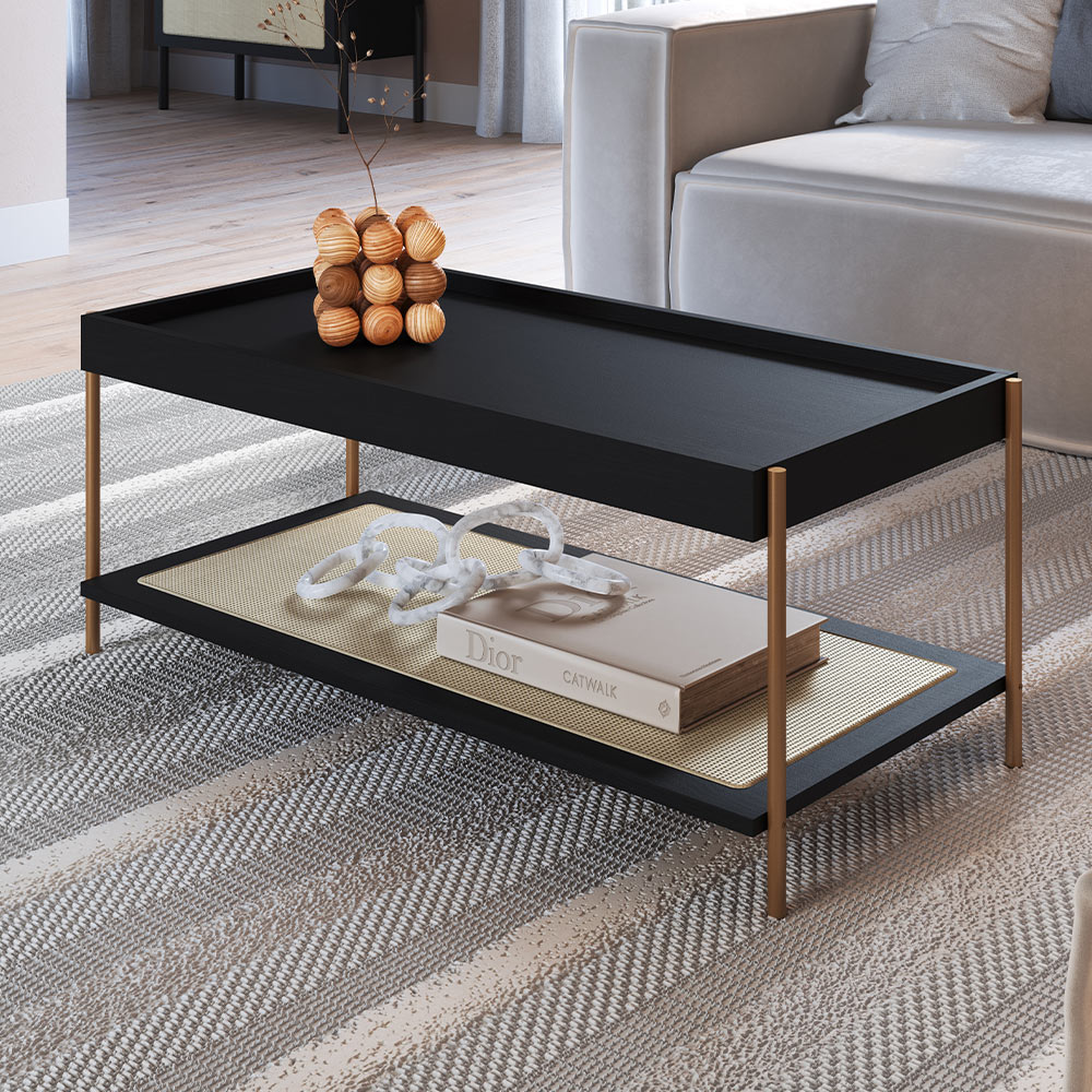 Conjunto Mesa de Centro e Mesa Lateral Para Sala Industrial Indy A03 Nero Dourado - Lyam Decor