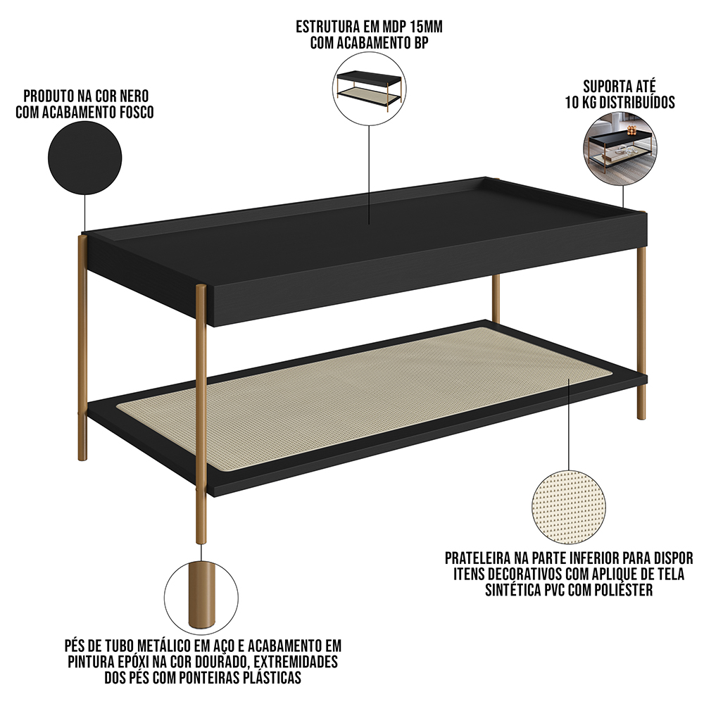 Conjunto Mesa de Centro e Mesa Lateral Para Sala Industrial Indy A03 Nero Dourado - Lyam Decor