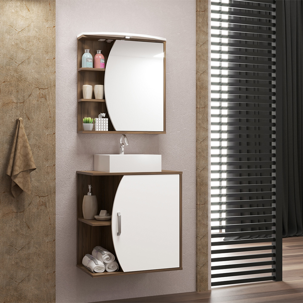 Conjunto Para Banheiro Armário Gabinete 01 Porta 60 cm Com Cuba Duna B06 Branco Nogal - Lyam Decor