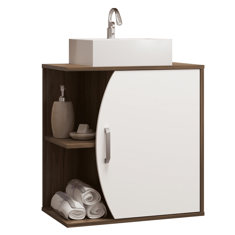 Conjunto Para Banheiro Armário Gabinete 01 Porta 60 cm Com Cuba Duna B06 Branco Nogal - Lyam Decor