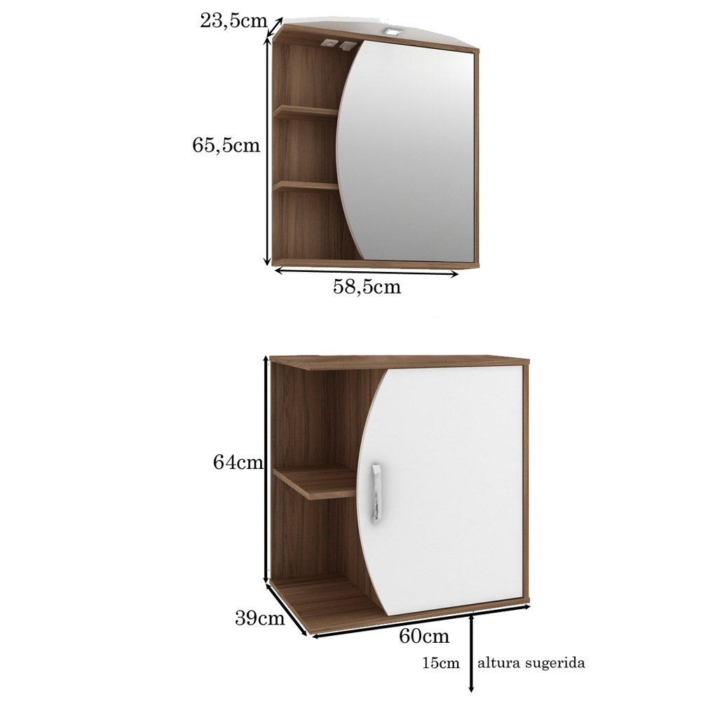 Conjunto Para Banheiro Armário Gabinete 01 Porta 60 cm Com Cuba Duna B06 Branco Nogal - Lyam Decor