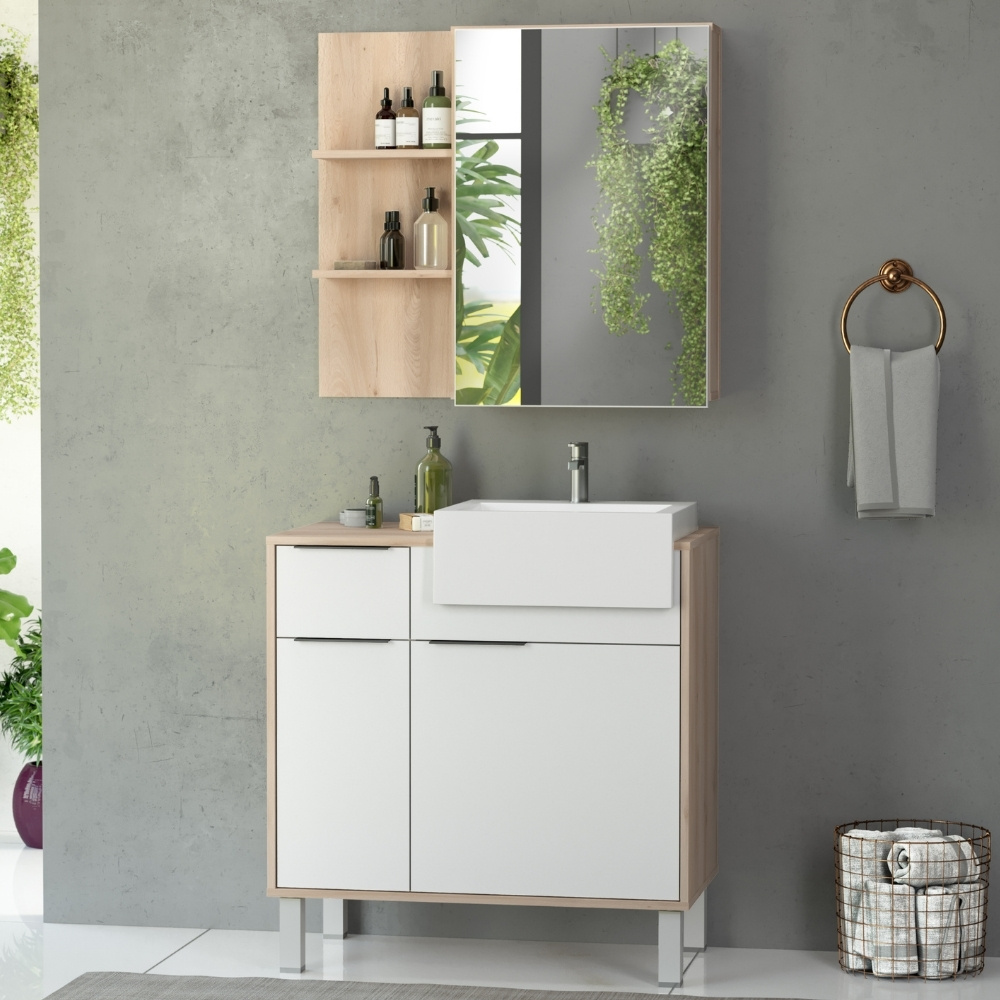 Conjunto Para Banheiro Balcão e Armário Com Pés 80cm West B06 Branco Faia - Lyam Decor