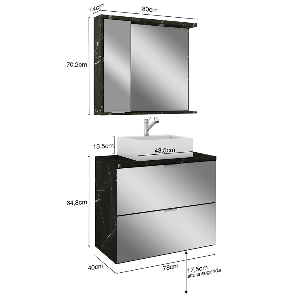 Conjunto Para Banheiro Gabinete 80cm 03 Gavetas Com Cuba E Armário Loft B06 Portoro - Lyam Decor