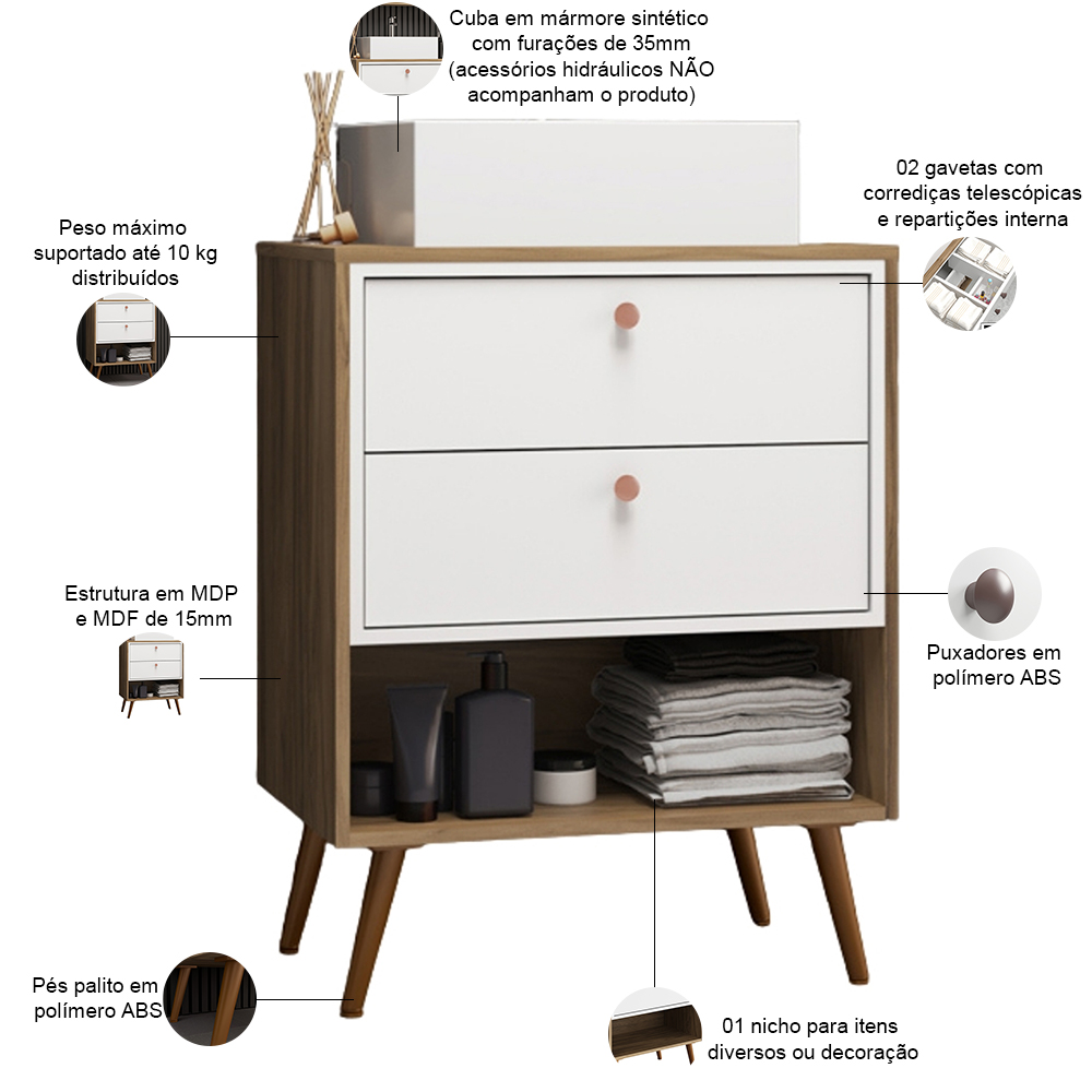 Conjunto Para Banheiro Gabinete Com Pés Cuba e Armário Lionel B06 Branco Nogal - Lyam Decor