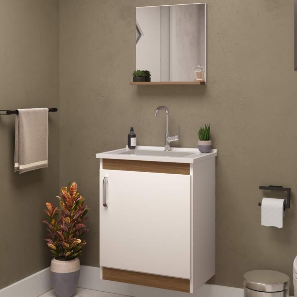 Conjunto Para Banheiro Gabinete Lavatório e Espelheira Cesana 50cm B06 Branco Carvalho - Lyam Decor