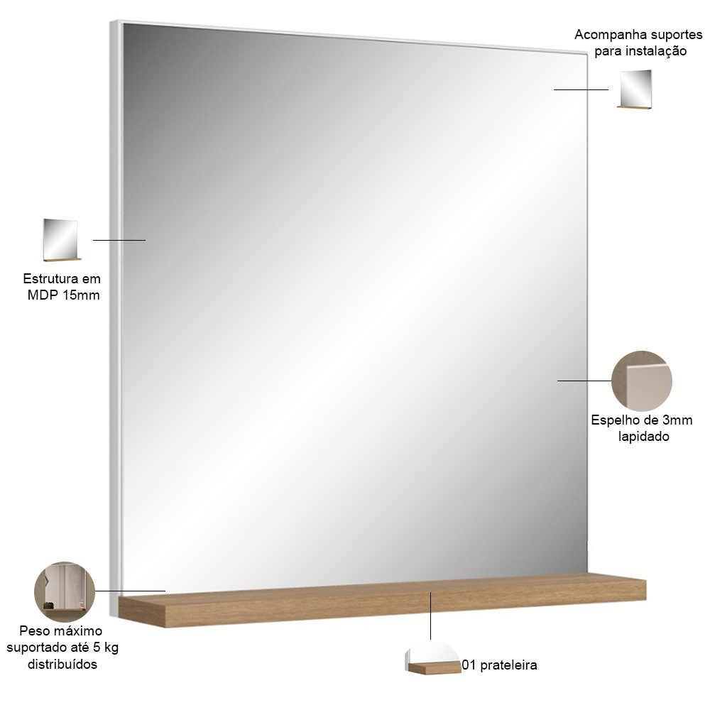 Conjunto Para Banheiro Gabinete Lavatório e Espelheira Cesana 50cm B06 Branco Carvalho - Lyam Decor