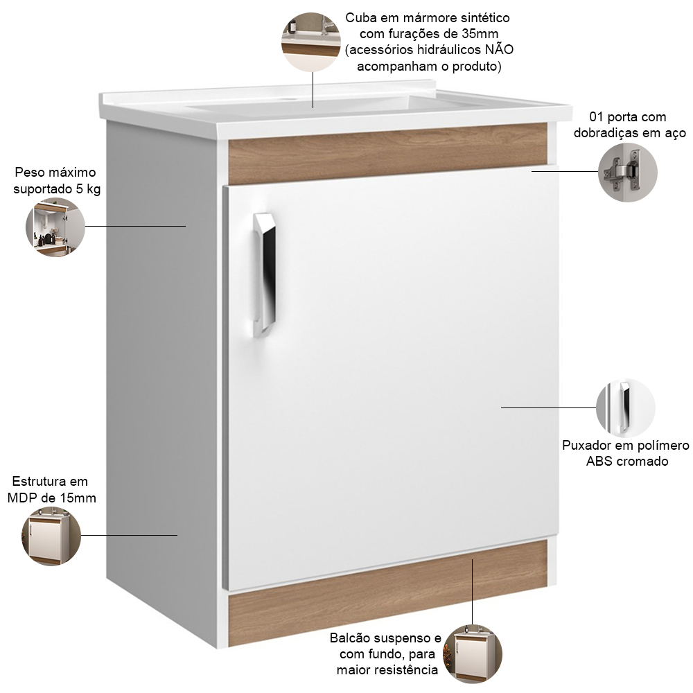 Conjunto Para Banheiro Gabinete Lavatório e Espelheira Cesana 50cm B06 Branco Carvalho - Lyam Decor