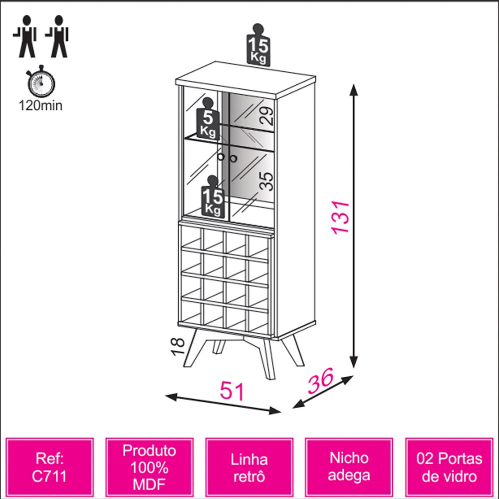 Cristaleira Espelhada com Nicho Adega 02 Portas Zuri D03 Off White Freijó - Lyam Decor