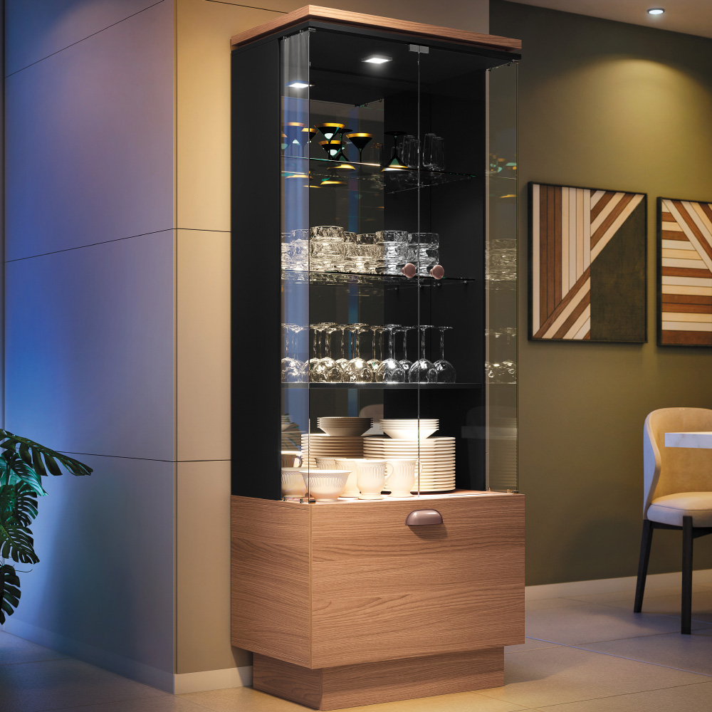Cristaleira Nicho Adega com Led Portas de Vidro Dominic B01 Preto Nature - Lyam Decor