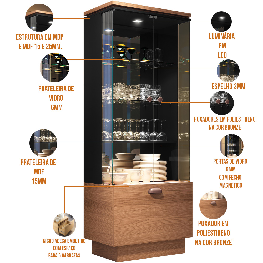 Cristaleira Nicho Adega com Led Portas de Vidro Dominic B01 Preto Nature - Lyam Decor