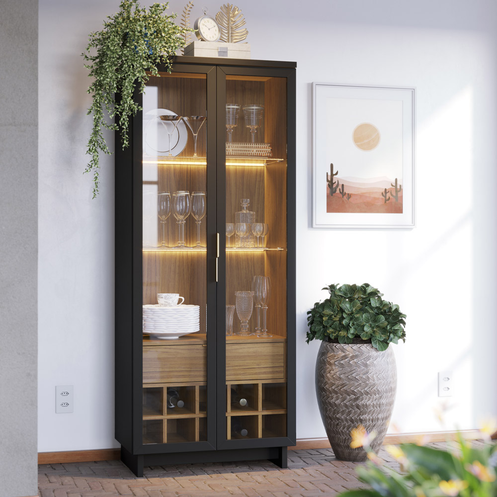 Cristaleira Para Sala De Jantar com Nicho Adega 02 Portas Malibu C04 Preto Noce Milano - Lyam Decor