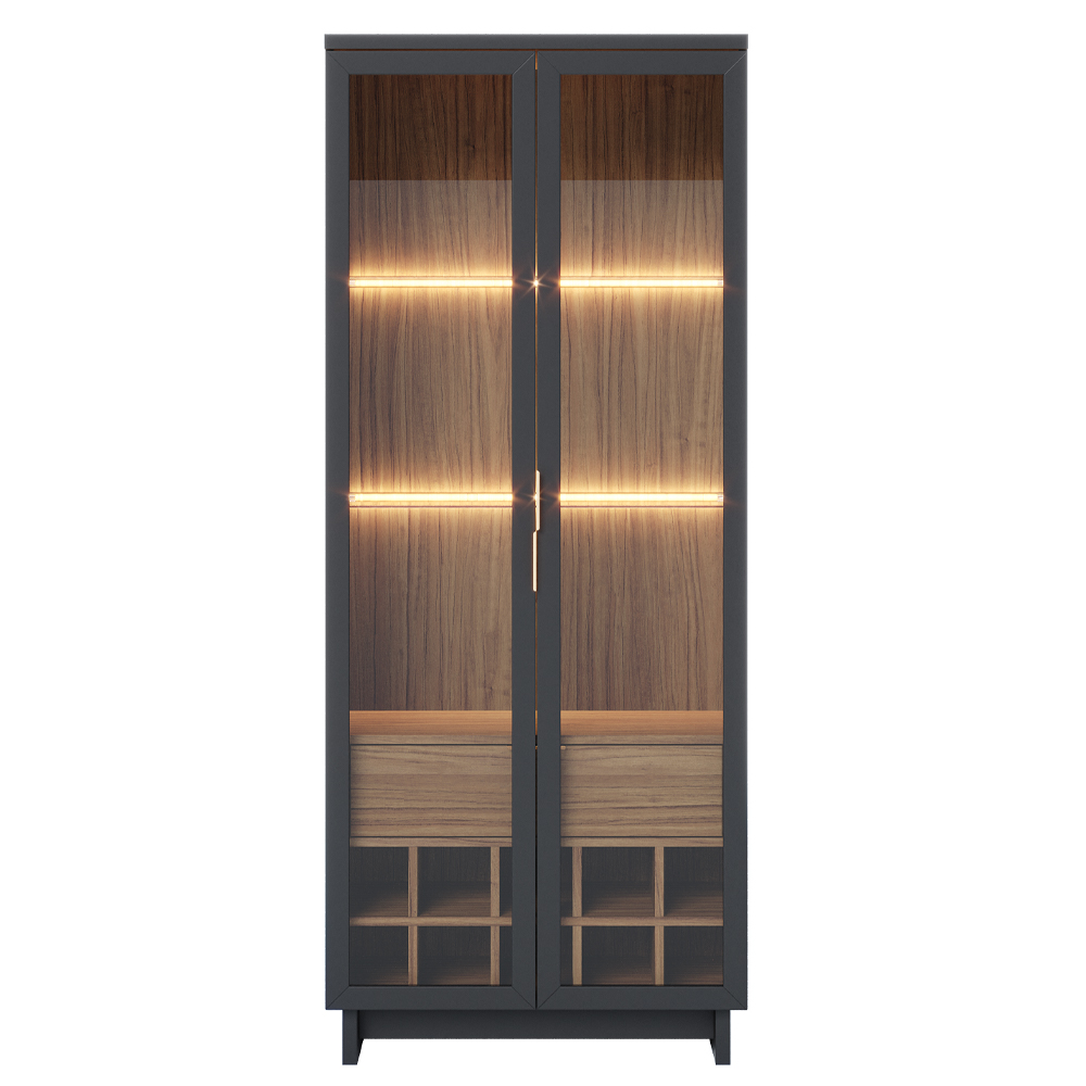 Cristaleira Para Sala De Jantar com Nicho Adega 02 Portas Malibu C04 Preto Noce Milano - Lyam Decor