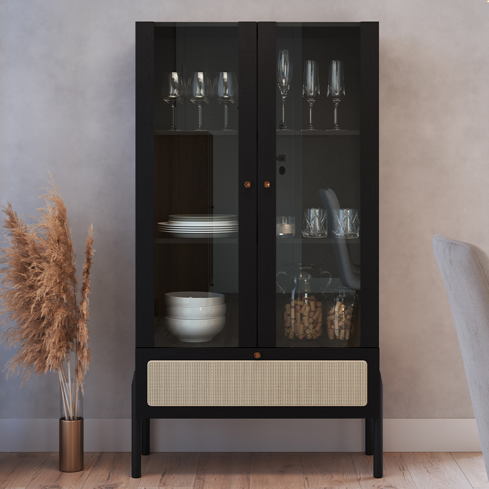 Cristaleira Para Sala de Jantar 2 Portas Pés Madeira Moss A03 Nero Preto - Lyam Decor