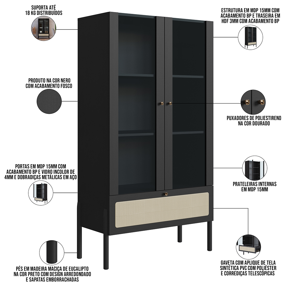 Cristaleira Para Sala de Jantar 2 Portas Pés Madeira Moss A03 Nero Preto - Lyam Decor