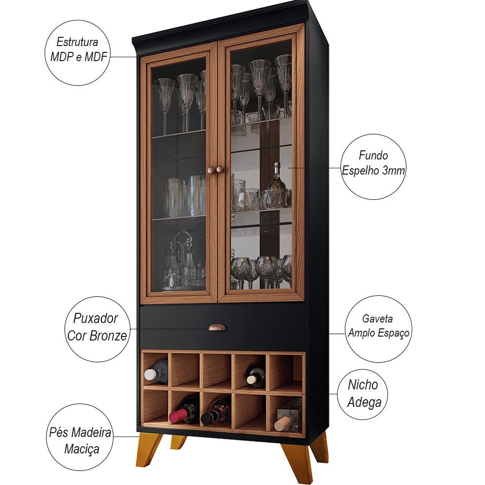 Cristaleira com Nicho Adega 02 Portas Luma B01 Preto Nature - Lyam Decor