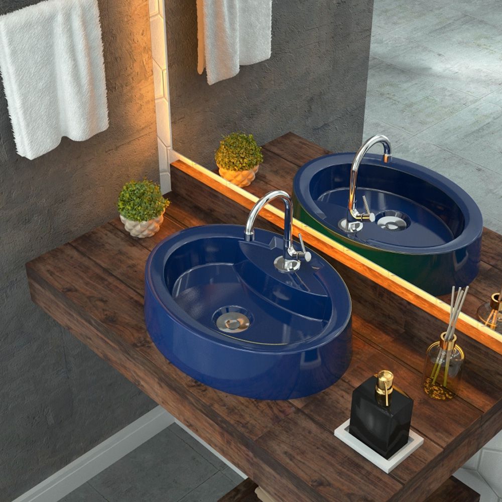 Cuba de Apoio Oval C01 Para Banheiro Onix O43 Azul Escuro - Lyam Decor