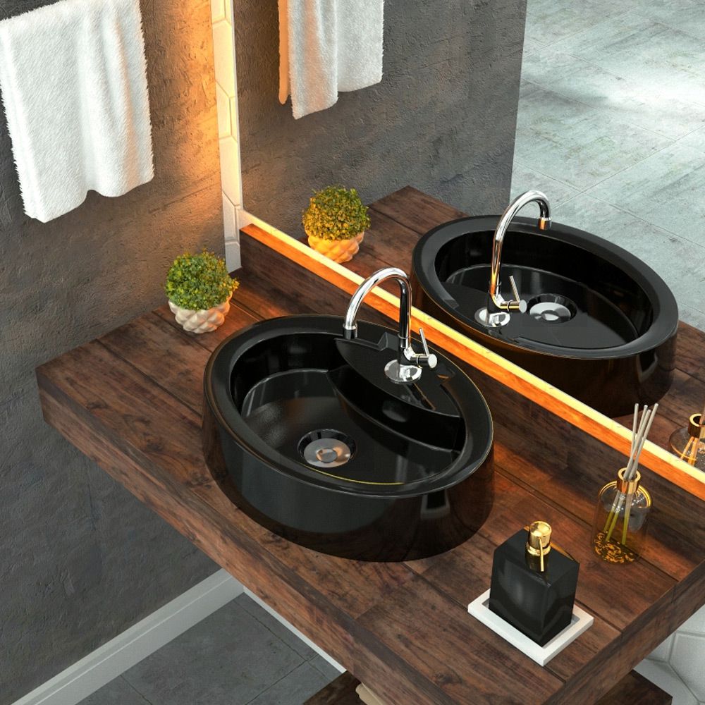 Cuba de Apoio Oval C01 Para Banheiro Onix O43 Preto Brilho - Lyam Decor