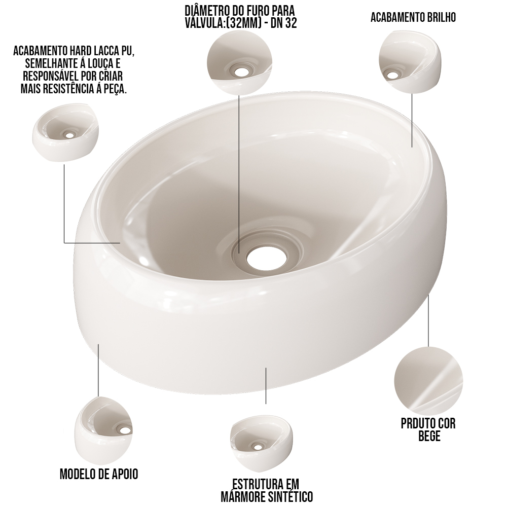 Cuba de Apoio Oval Para Banheiro Lavabo C01 Capri O39 Bege - Lyam Decor