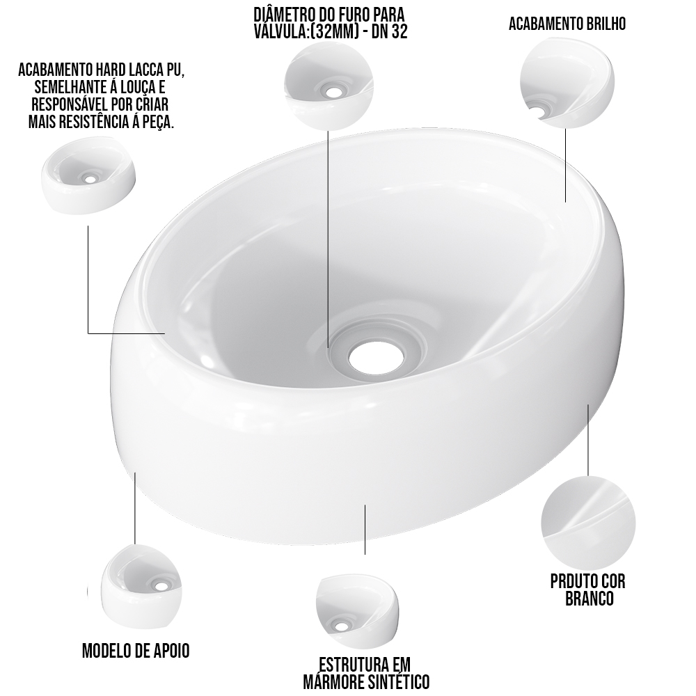 Cuba de Apoio Oval Para Banheiro Lavabo C01 Capri O39 Branco - Lyam Decor