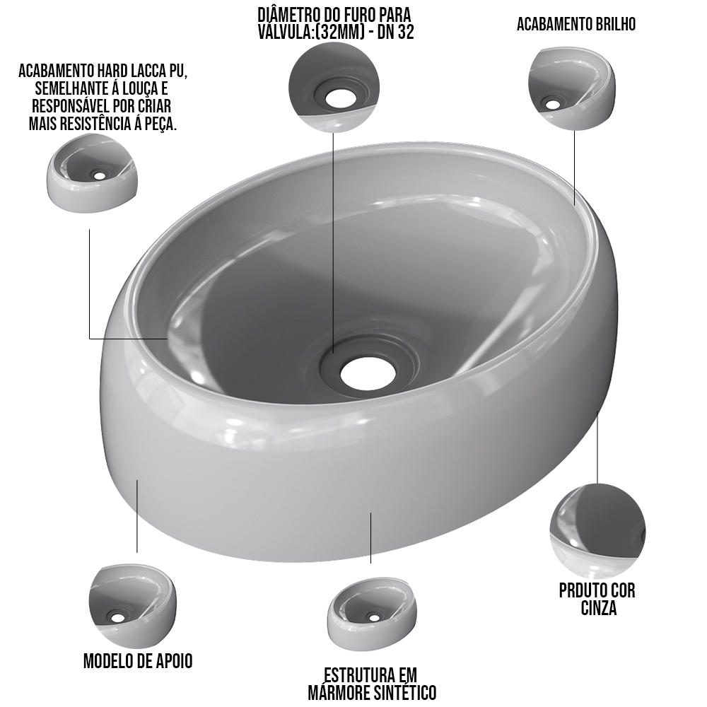 Cuba de Apoio Oval Para Banheiro Lavabo C01 Capri O39 Cinza - Lyam Decor
