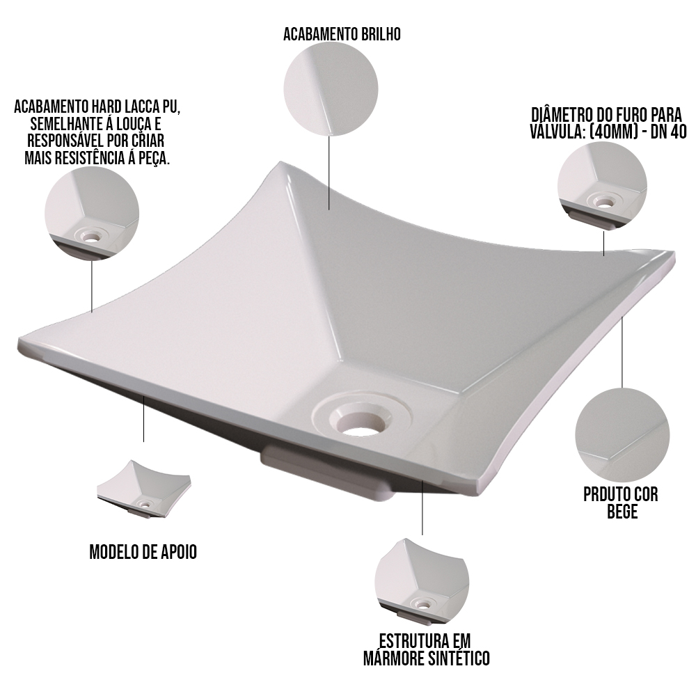 Cuba de Apoio Quadrada Lux Para Banheiro Lavabo C01 L30 Bege - Lyam Decor