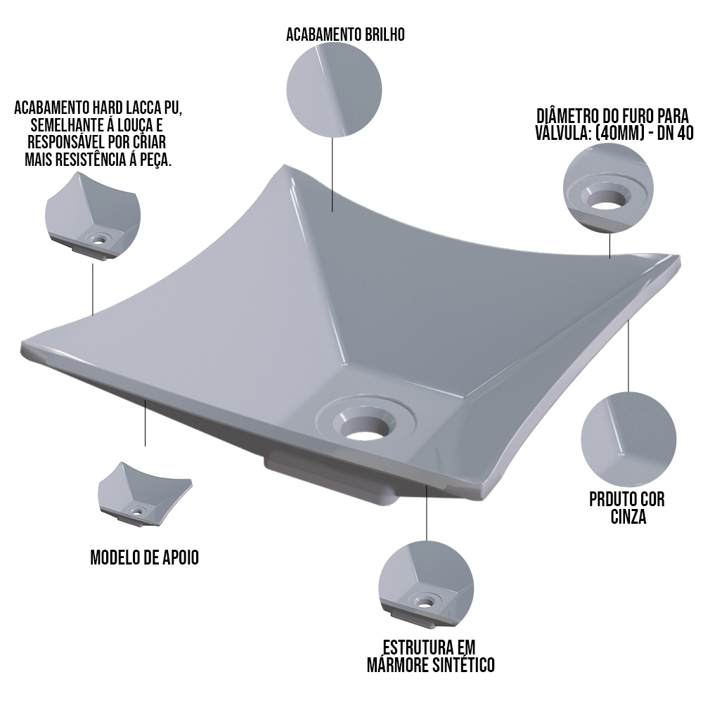 Cuba de Apoio Quadrada Lux Para Banheiro Lavabo C01 L30 Cinza - Lyam Decor