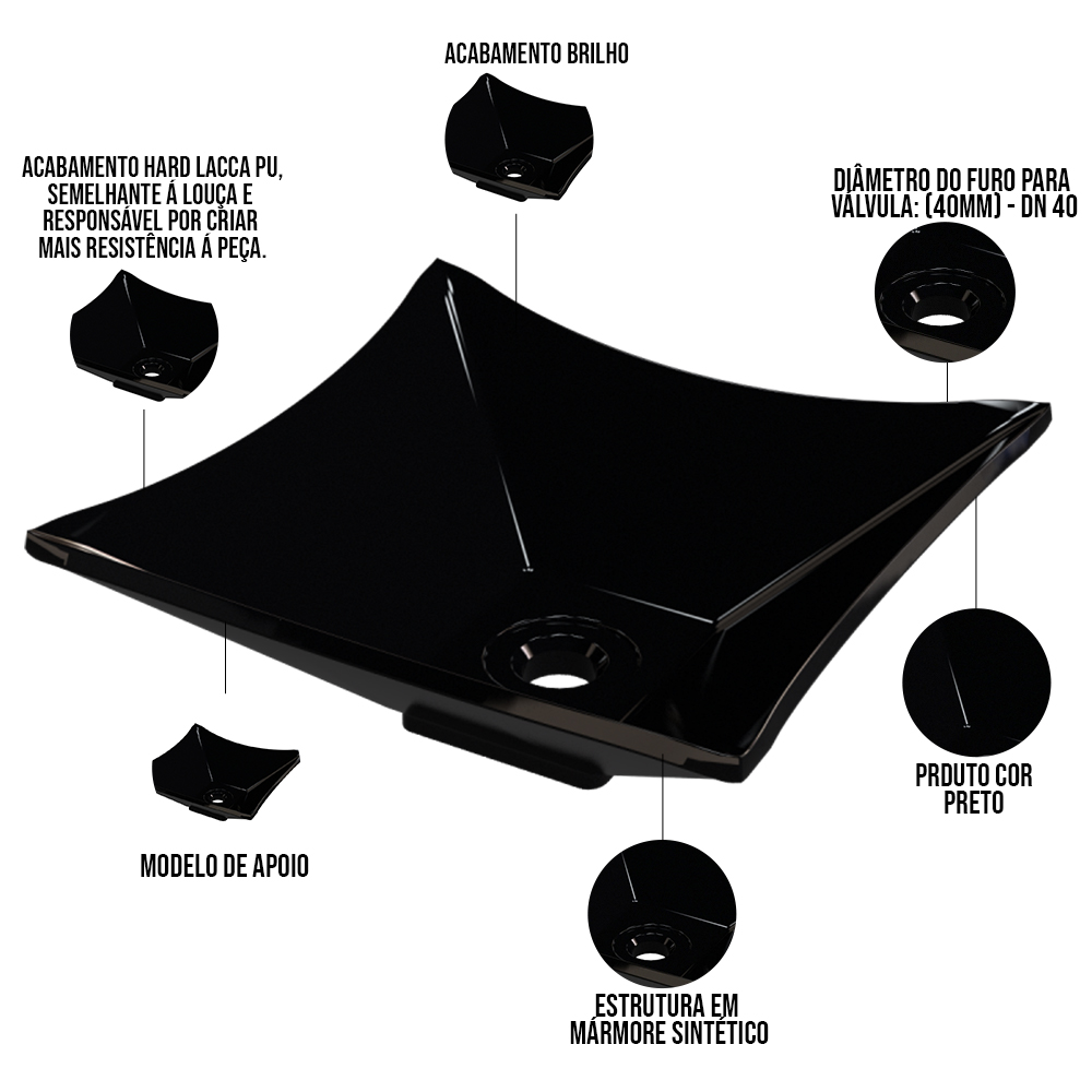 Cuba de Apoio Quadrada Lux Para Banheiro Lavabo C01 L30 Preto - Lyam Decor